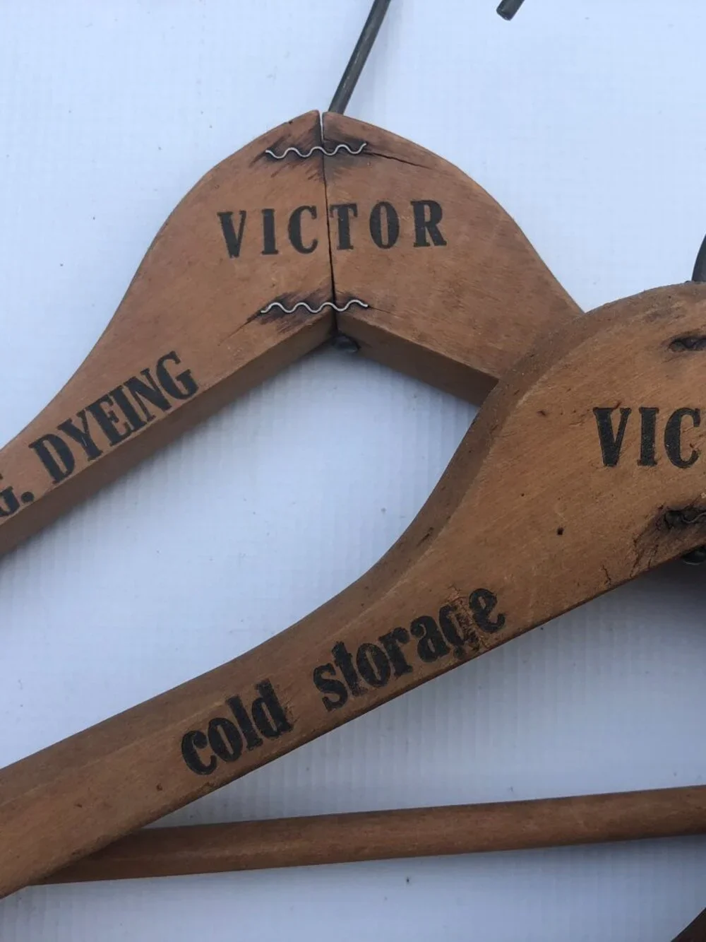 Vintage Wooden Advertising Coat Hanger Victor Cleaners - Lot of 3